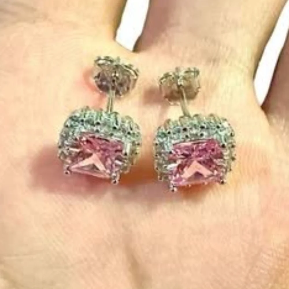 Pink Tourmaline Earrings Stud Sterling Silver 925, Cushion Cut Earrings, 9.9mm - Picture 8 of 10